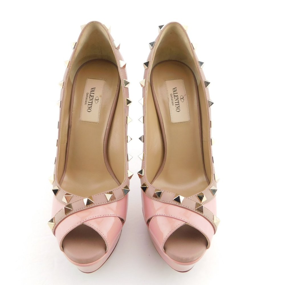 VALENTINO Rockstud Baby Pink Patent Leather Platform Peep Toe Heel Pumps 36.5